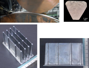 上：アルミニウム合金線材の鋳造と線材の断面 下：Al-25％Si薄肉ヒートシンク．フィン先端の厚さ0.5mm 