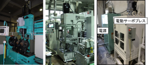 左から鋳物表面硬化装置，摩擦圧接装置，圧力制御通電圧接装置